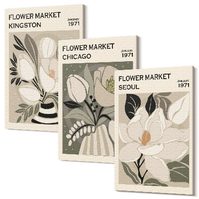 Sada obrazů na zeď triptych Květiny z trhů Kingston, Chicago a Soul v retro stylu