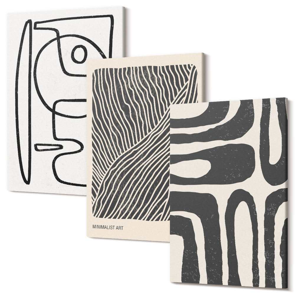 Sada 3 obrazů Abstraktní vzory s čarami a texturami na světlém pozadí