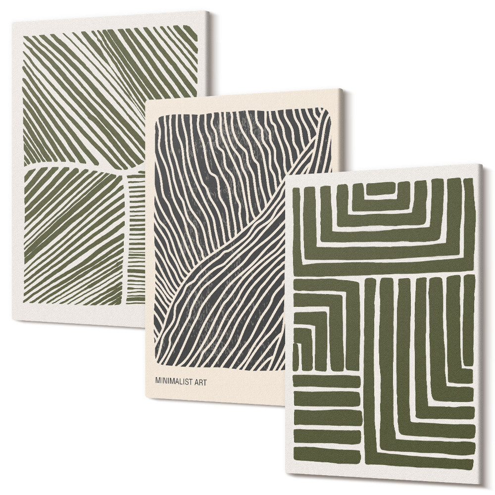 Sada obrazů triptych Vzory čar a tvarů v odstínech zelené
