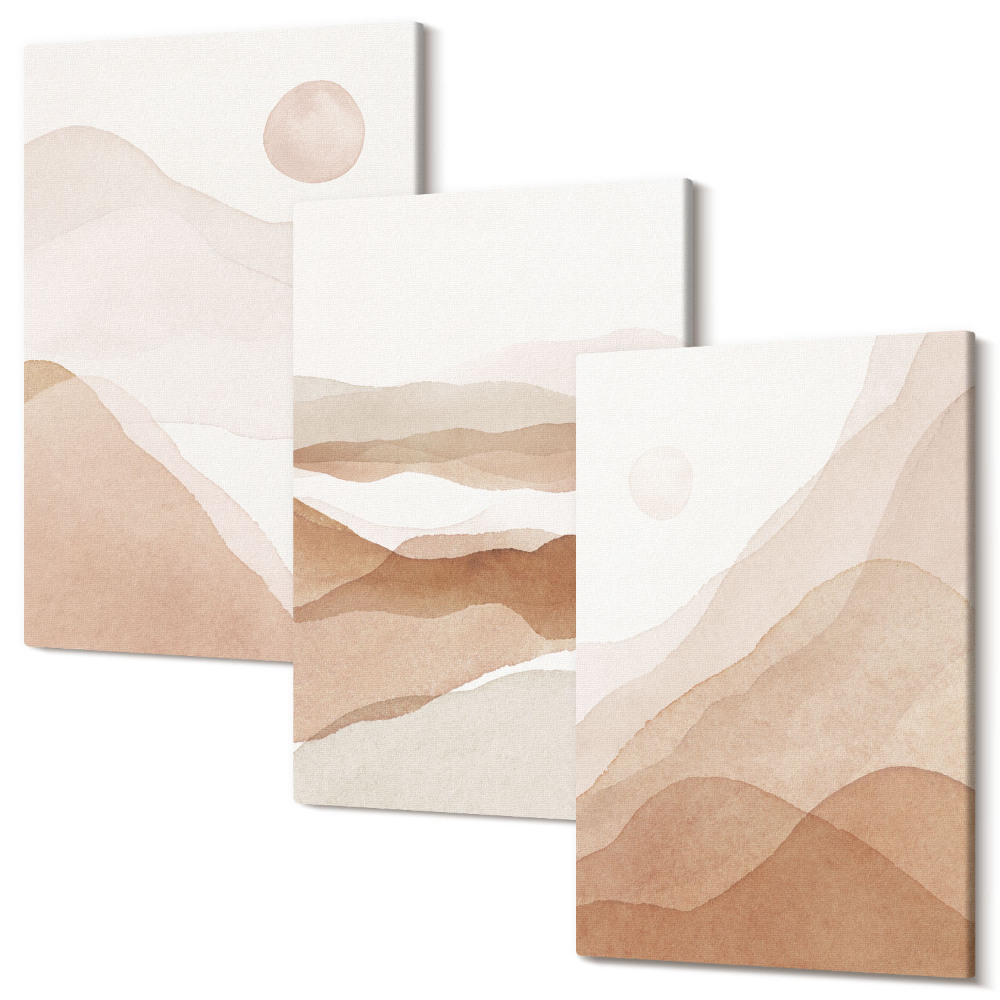 Sada obrazů na zeď triptych Abstraktní krajiny v odstínech hnědé a béžové