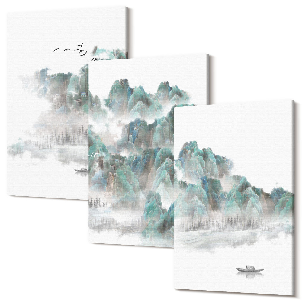 Sada 3 obrazů Hory v oblacích s ptáky a lodí na vodní japandi