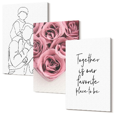 Sada 3 obrazů Rodinný lineární růže kytice domácí nápis