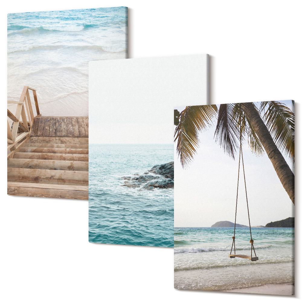 Sada obrazů triptych Schody na pláž, výhled na moře a palmová houpačka