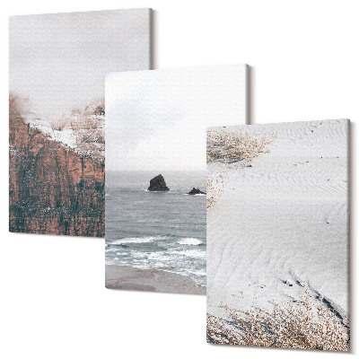 Sada 3 obrazů Hory, mraky, moře a písek v přírodních odstínech