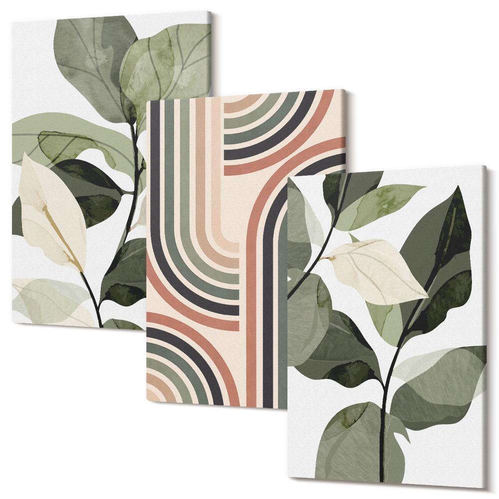 Sada obrazů triptych Rostlinné motivy s geometrickými vzory v odstínech zelené