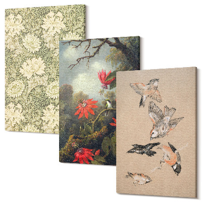 Sada obrazů triptych Květiny a ptáci v přírodním prostředí
