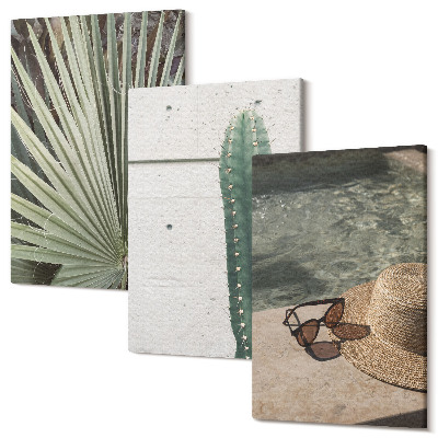 Sada obrazů na zeď triptych Tropické rostliny a doplňky pro dovolenou u vody