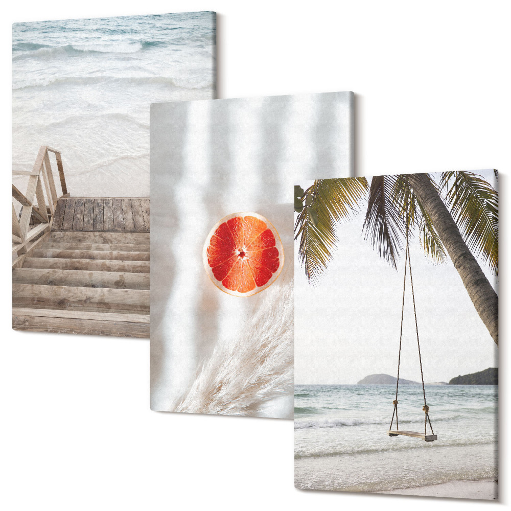 Sada 3 obrazů Pláž s dřevěnými schody, prázdninová atmosféra