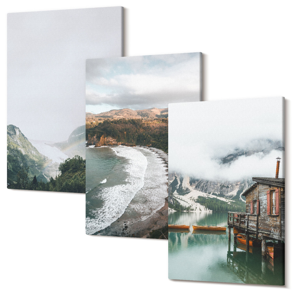 Sada obrazů triptych Výhled na hory a pláž s mraky a vodou