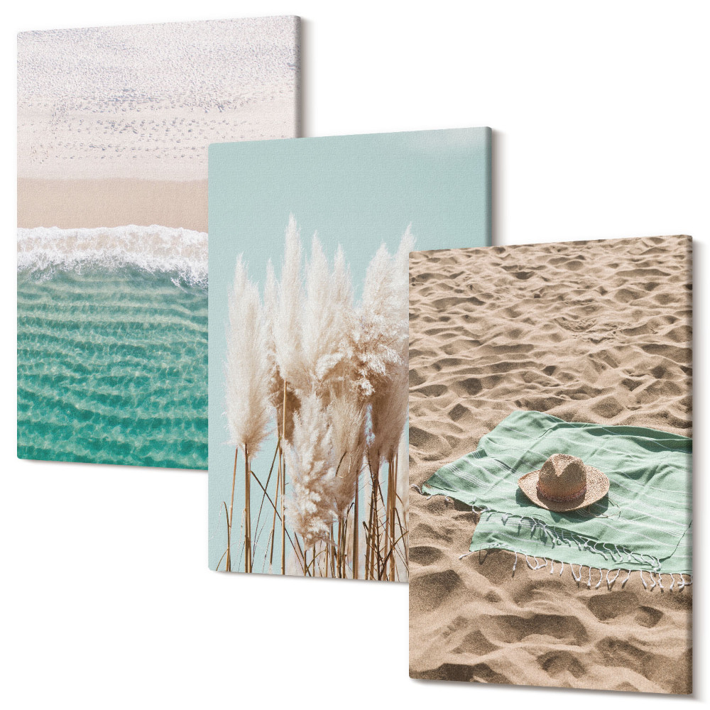 Sada obrazů triptych plážové vlny trávě čepice písek relaxace nature