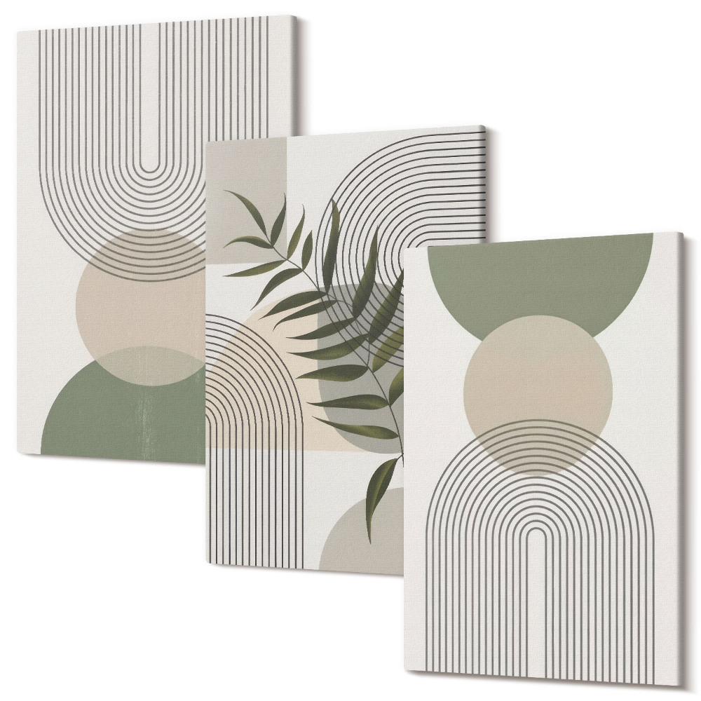 Sada 3 obrazů Abstraktní tvary v odstínech zelené a béžové