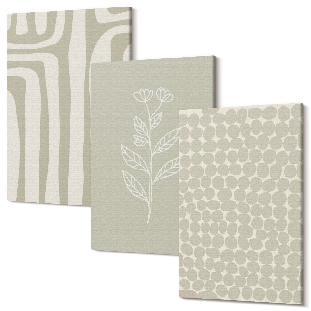Sada obrazů na zeď triptych Rostlinné a geometrické vzory v tlumených barvách