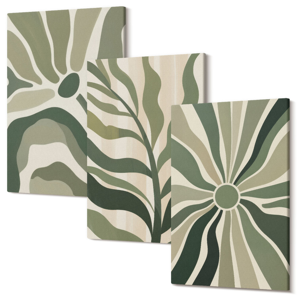 Sada obrazů na zeď triptych Rostlinné vzory v odstínech zelené a béžové