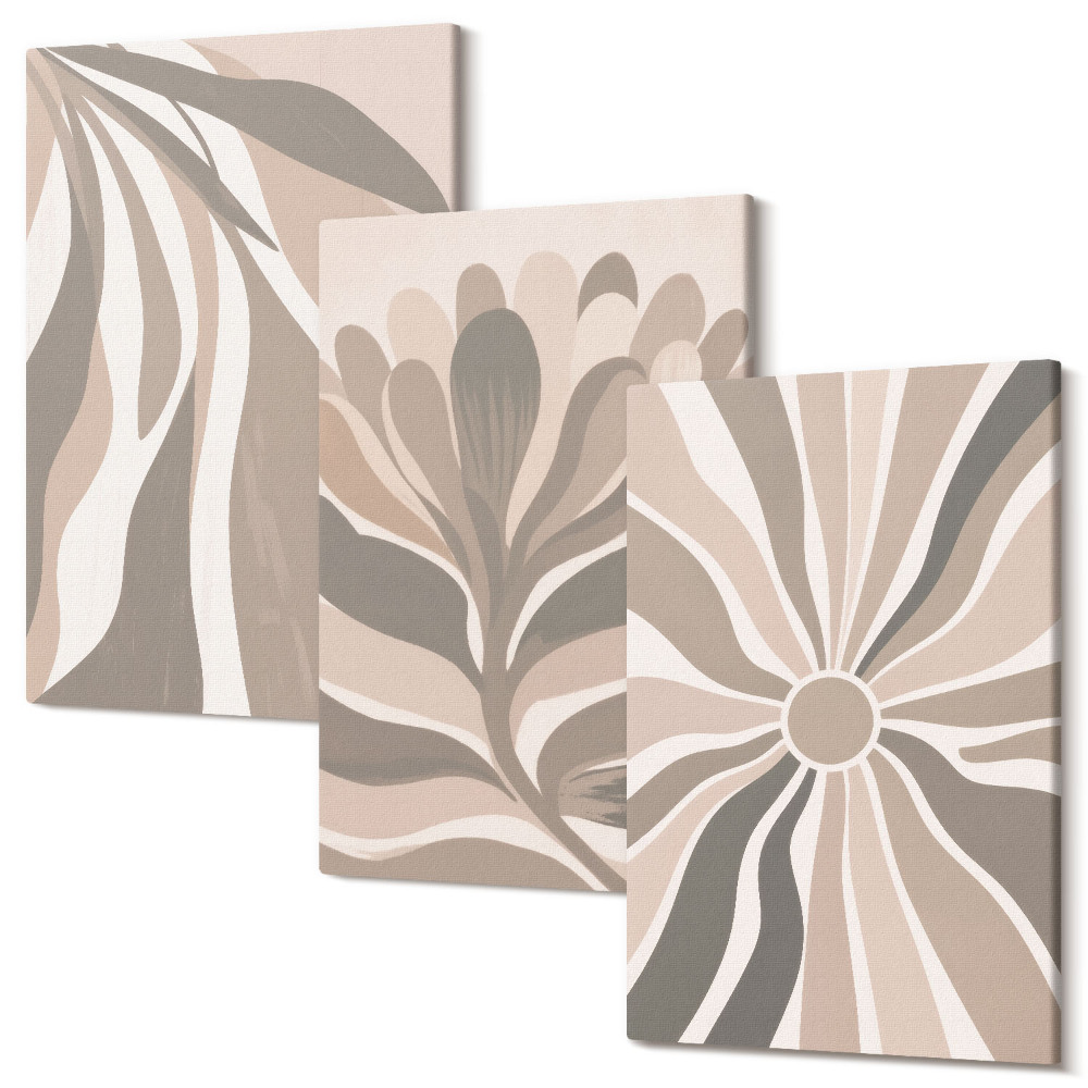 Sada 3 obrazů Abstraktní rostlinné vzory v odstínech béžové a hnědé