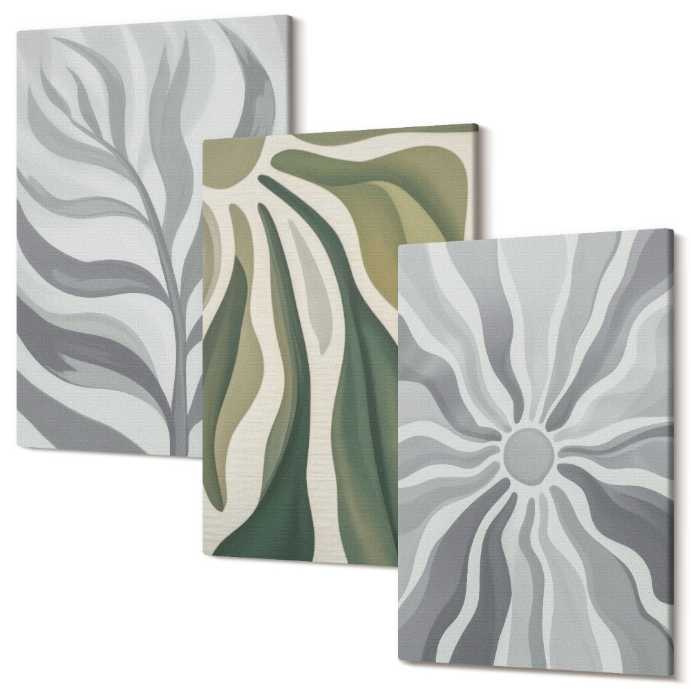 Sada obrazů triptych Rostlinné vzory v odstínech zelené a šedé