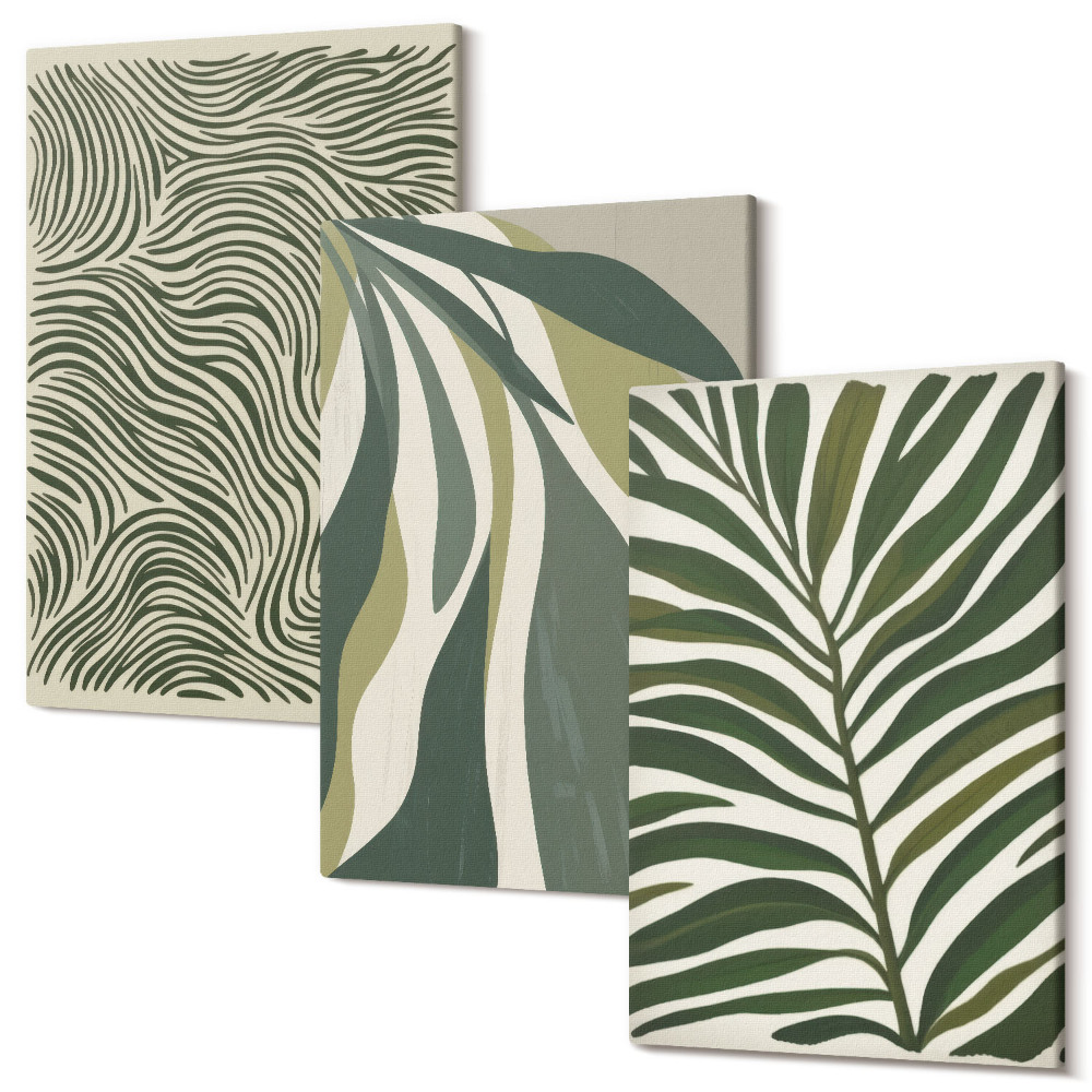 Sada obrazů na zeď triptych Vzory listů a vlnovky v odstínech zelené