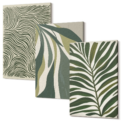Sada obrazů na zeď triptych Vzory listů a vlnovky v odstínech zelené