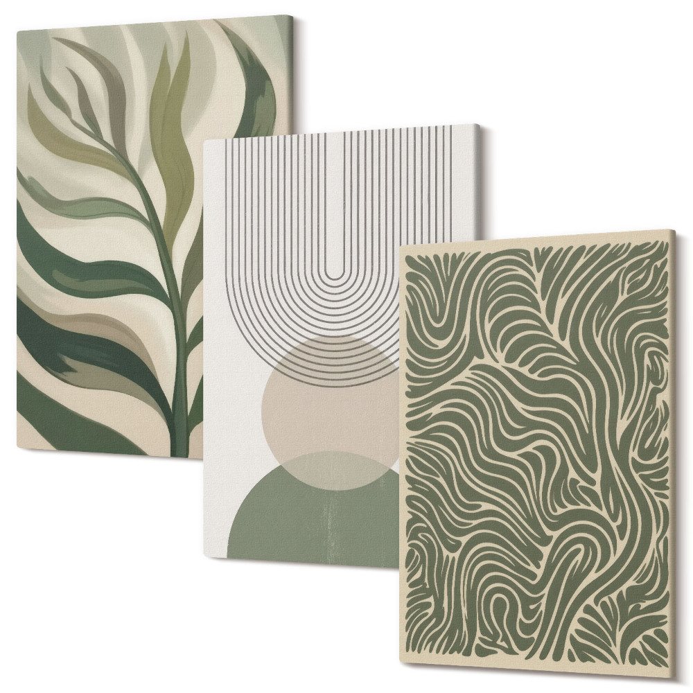 Sada obrazů na zeď triptych Listy a geometrické tvary abstraktní