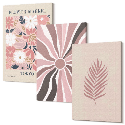 Sada 3 obrazů Květinové vzory s listy a geometrickými tvary