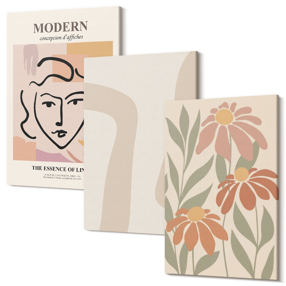 Sada 3 obrazů Žena v moderním stylu s abstraktními vzory