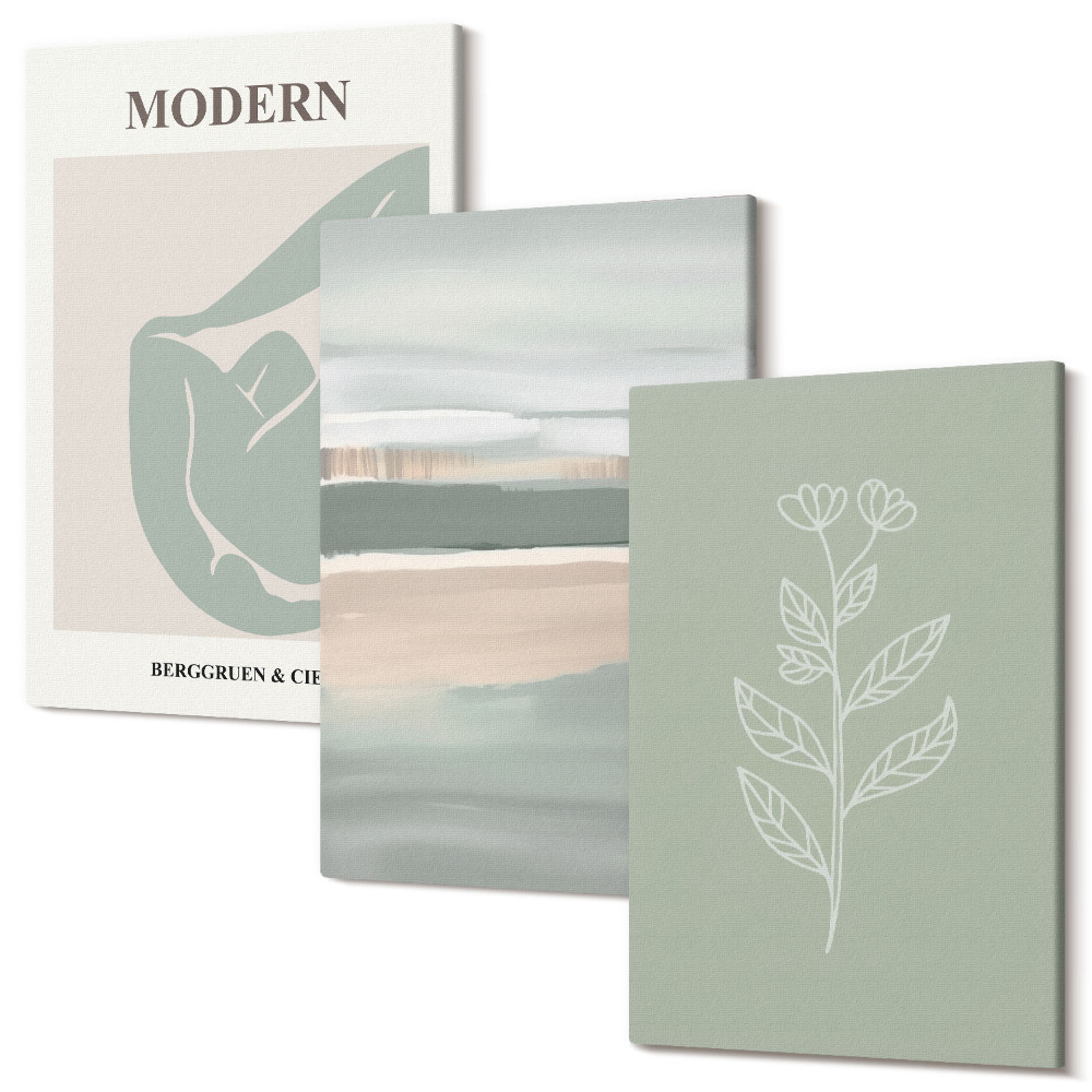 Sada obrazů triptych Abstraktní tvary v pastelových odstínech s rostlinami