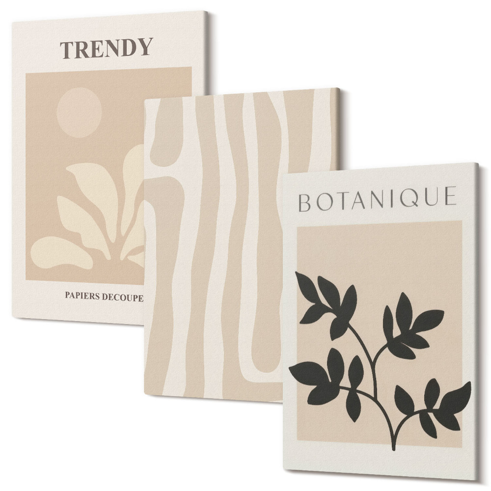 Sada obrazů na zeď triptych Stylové rostlinné vzory v odstínech béžové a černé