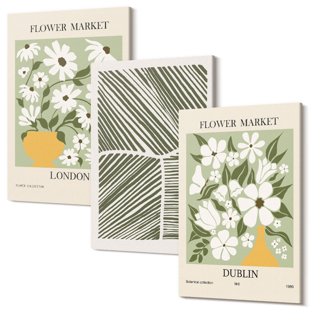 Sada 3 obrazů Květinové vzory Londýn a Dublin abstraktní linie