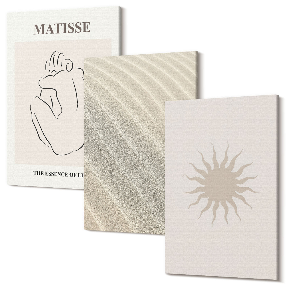 Sada obrazů triptych Minimalistické linie, písek, vlny a slunce