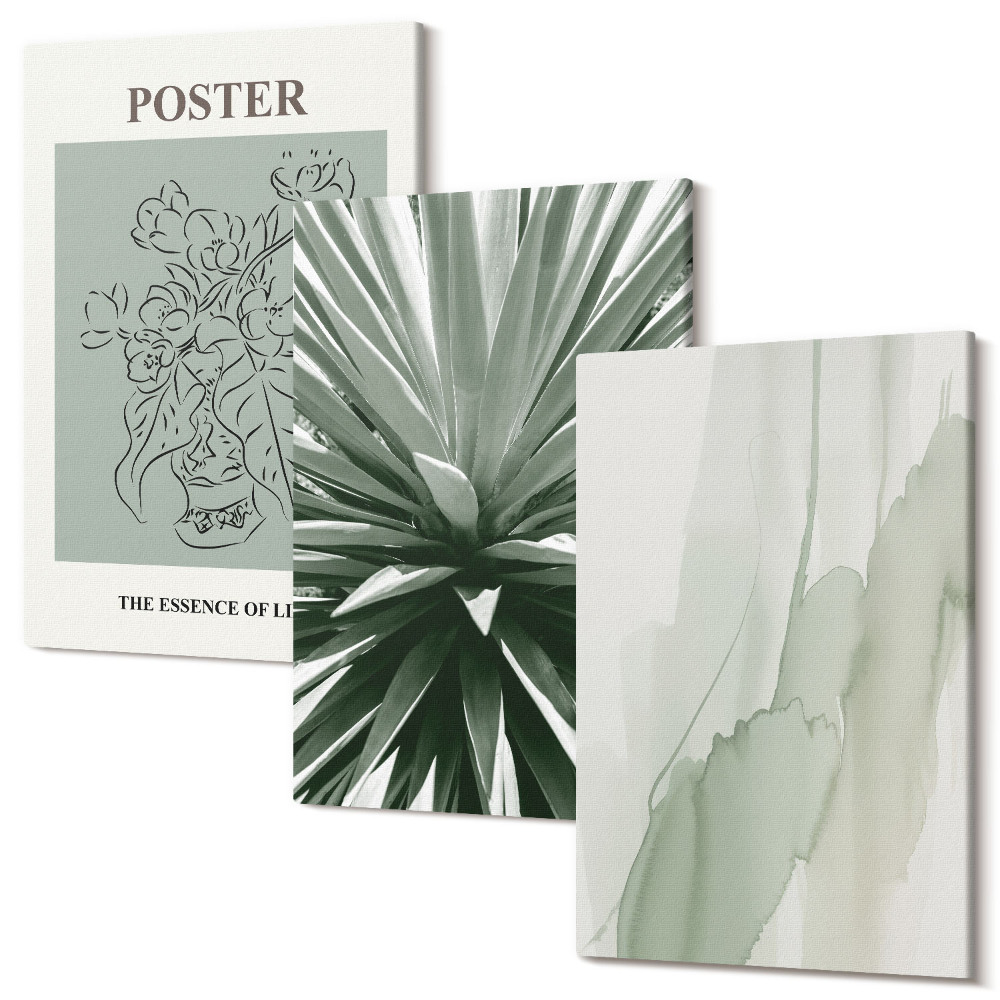 Sada obrazů na zeď triptych Rostlinné vzory v odstínech zelené a béžové