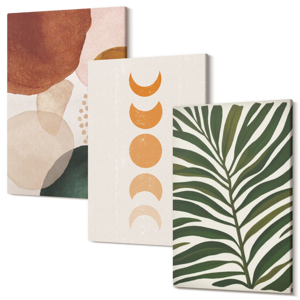 Sada 3 obrazů Abstraktní tvary v teplých barvách a listech