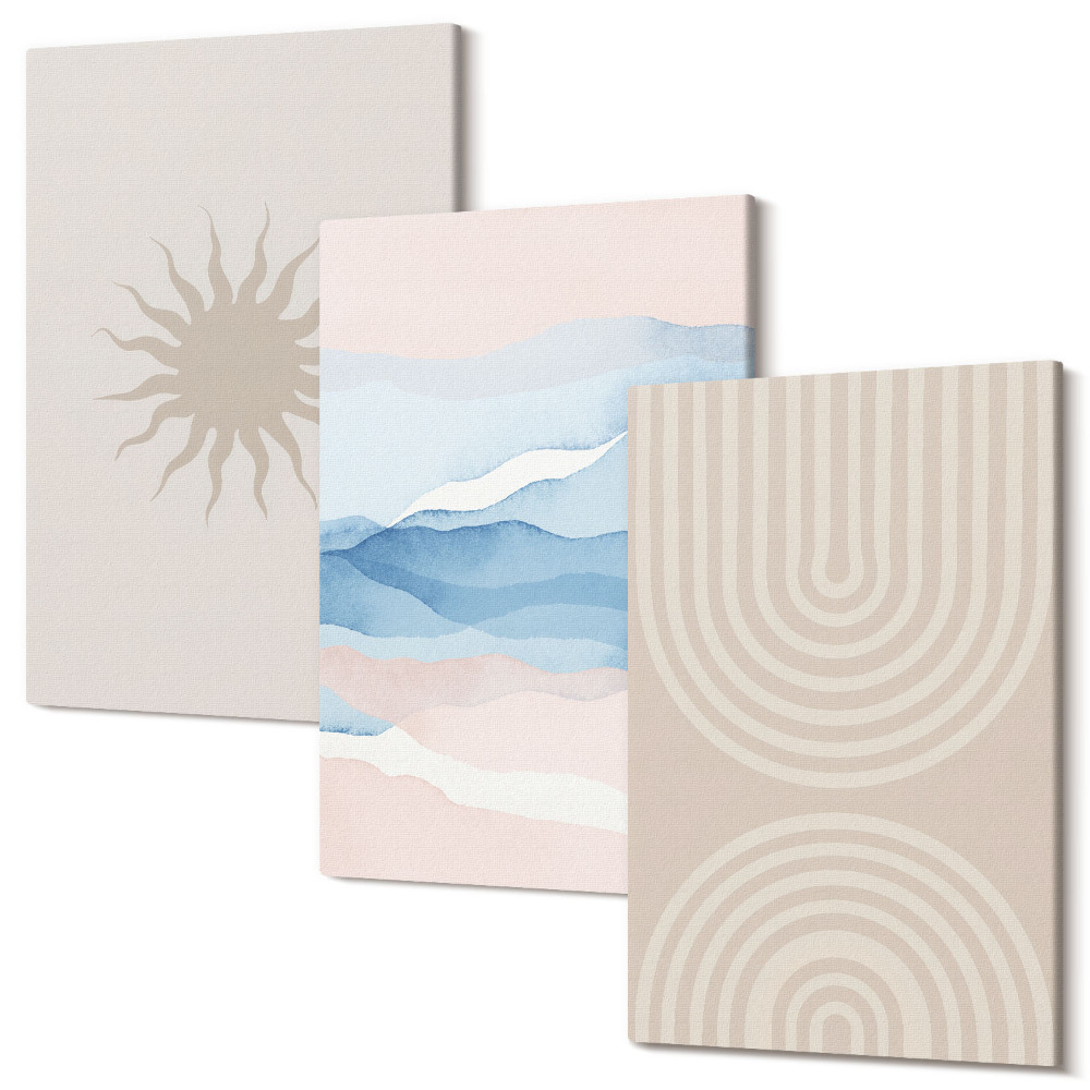 Sada obrazů triptych Slunce, vlny a abstraktní linie v pastelových barvách