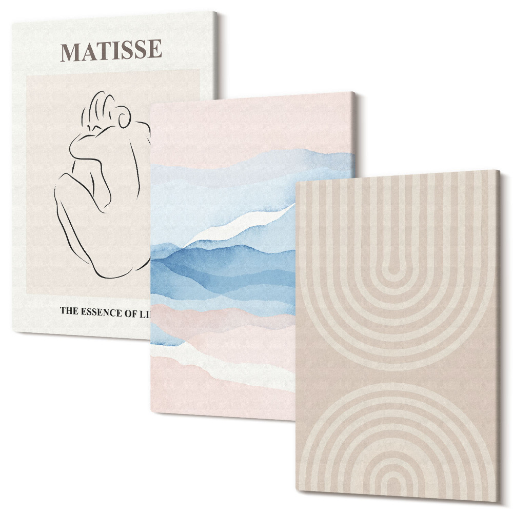 Sada obrazů na zeď triptych Linky a vlny v pastelových odstínech s minimalistickým akcentem
