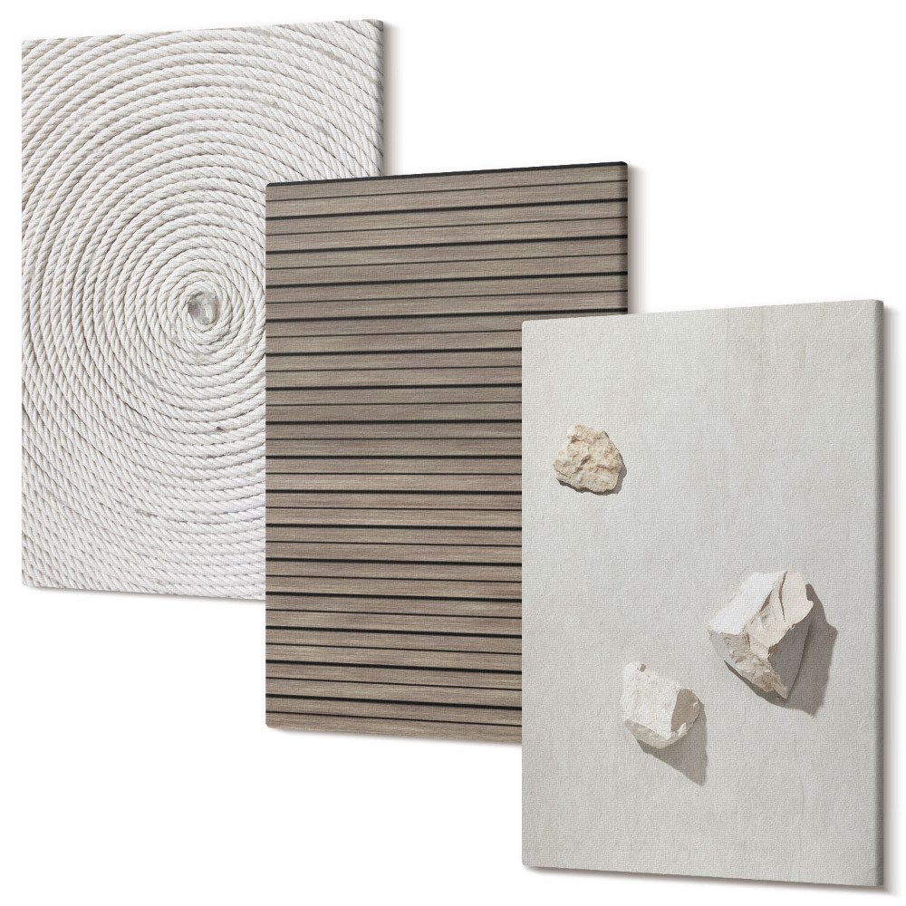 Sada 3 obrazů Přírodní textury dřevěné kameny lano