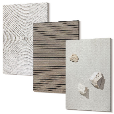 Sada 3 obrazů Přírodní textury dřevěné kameny lano