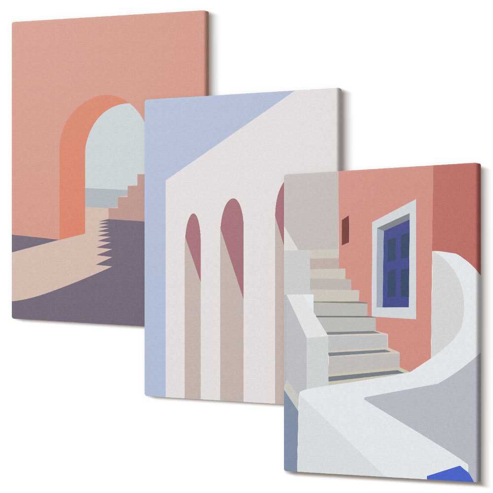 Sada obrazů na zeď triptych Ilustrace městské architektury v minimalistickém stylu