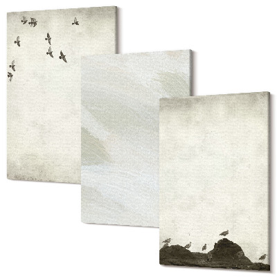 Sada 3 obrazů Ptáci, kameny a tahy štětcem minimalistické dekorace