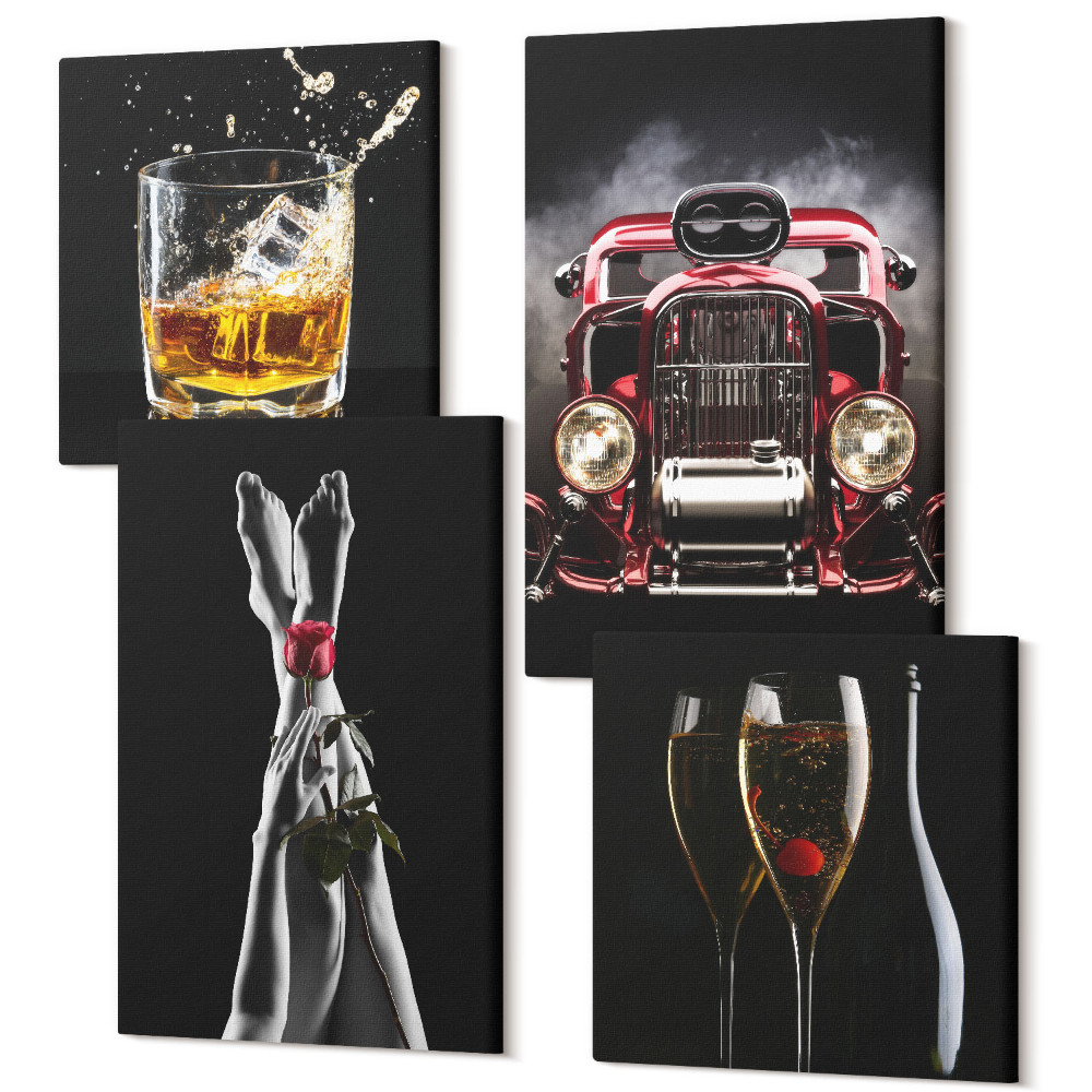 Sada 4 obrazů Ženské nohy s růží, staré auto, víno, whisky