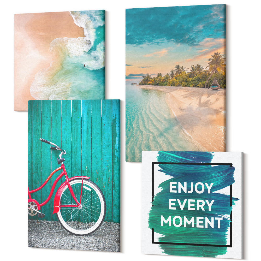 Sada obrazů na zeď kvadryptych Výhled na moře s inspirativním nápisem na člunu