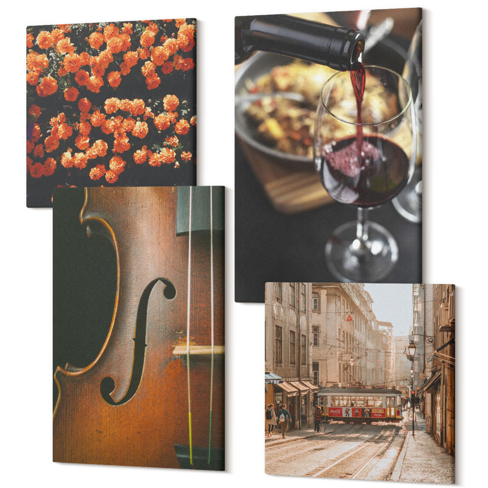 Sada obrazů na zeď kvadryptych Vintage romantické květiny pouliční víno a housle