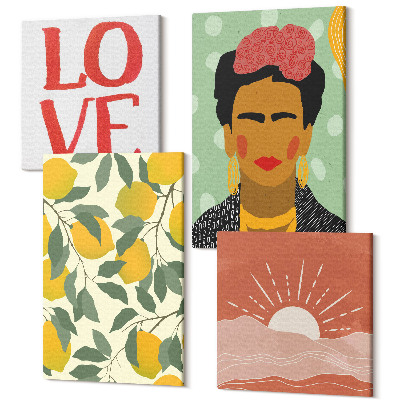 Sada 4 obrazů Citrony nápis LOVE krajinářský portrét Fridy Kahlo