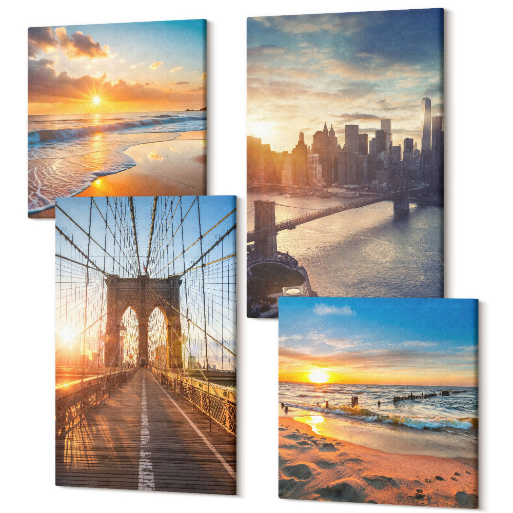 Sada obrazů na zeď kvadryptych Mosty a západy slunce v městské krajině