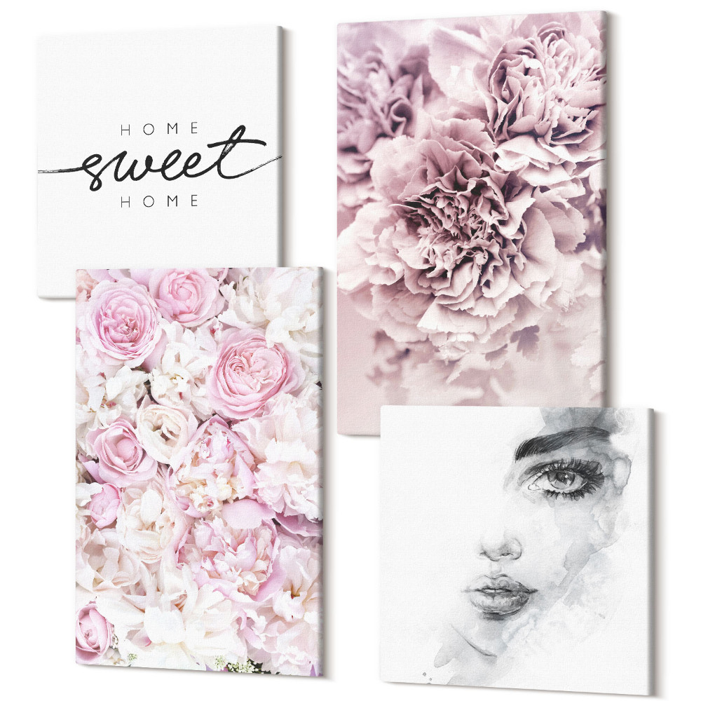 Sada 4 obrazů Jemné pivoňky portrét ženy domů sladký domov
