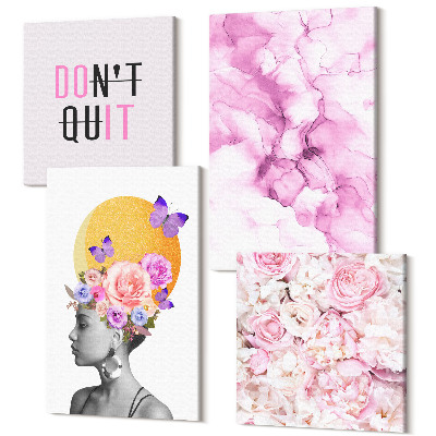 Sada 4 obrazů Inspirativní nápis květiny abstraktní portrét ženy