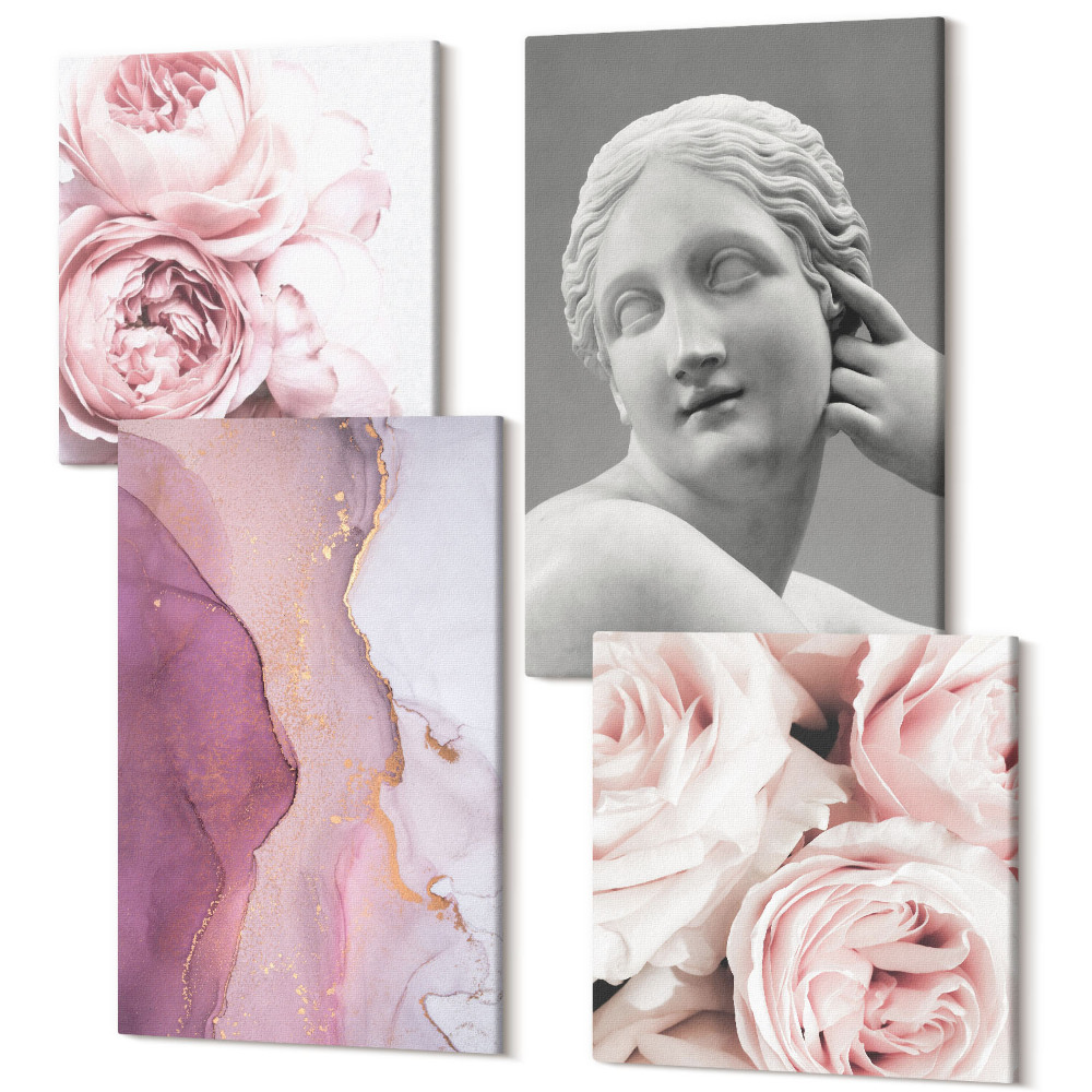 Sada obrazů kvadryptych Romantické pivoňky socha ženy abstraktní