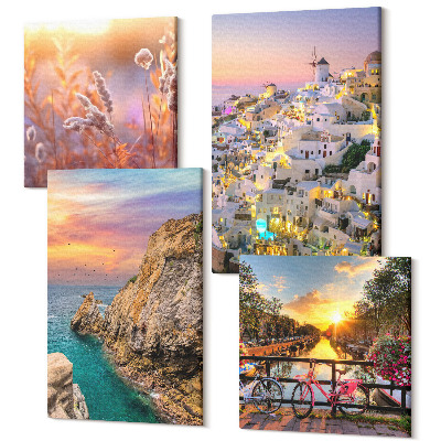 Sada 4 obrazů Výhled na moře se západem slunce a město