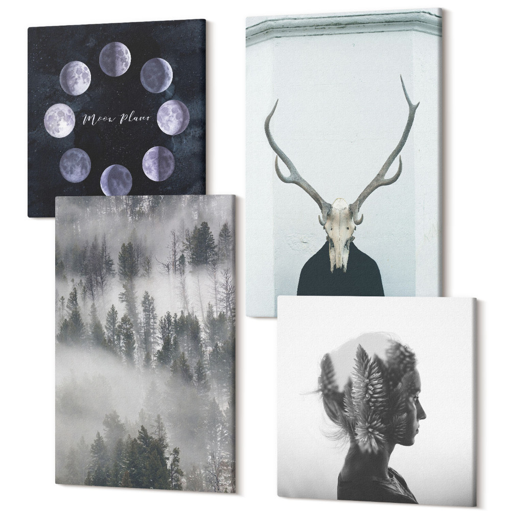 Sada obrazů kvadryptych Mlhavé lesní fáze měsíce jelena lebka žena