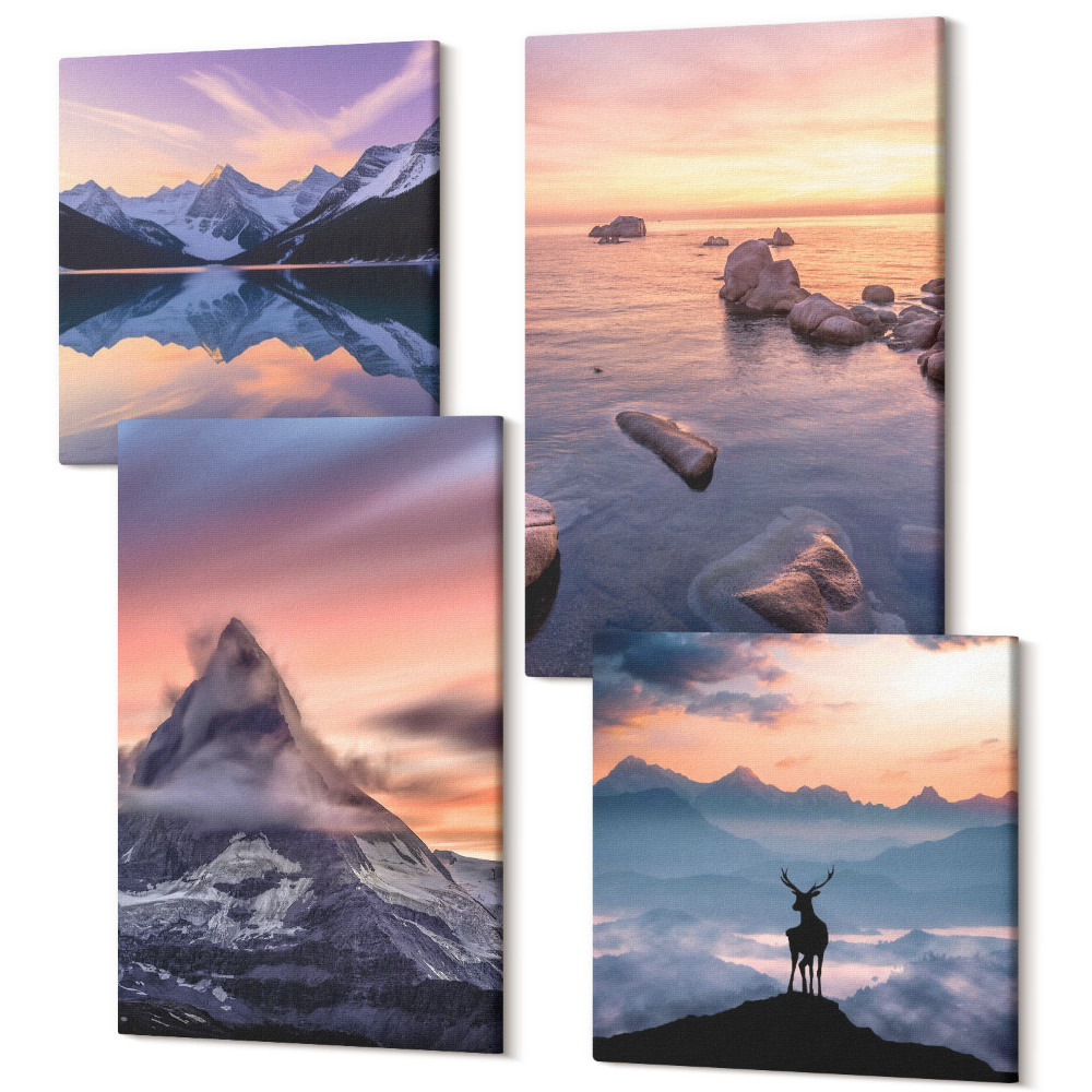 Sada 4 obrazů Krajiny hory jezera jelen a západ slunce