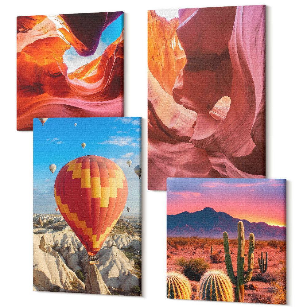 Sada 4 obrazů Krajiny pouštních soutěsek a let balónem