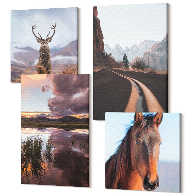 Sada obrazů kvadryptych Horské krajiny se soby, koně a silnice