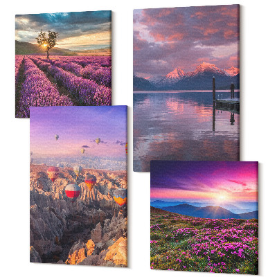 Sada 4 obrazů Krajina s levandulovými poli a západem slunce